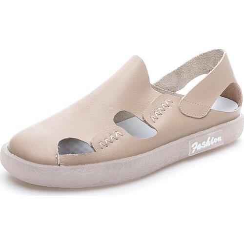 Fashion Solid Handmade Women Flat Shoes 2021 Summer Hollow Slip on Loafers Soft Cow-muscle Genuine Leather Daily Casual Shoes