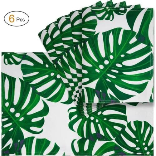 VCVCOO Anti-stain Reversible Cloth Placemats for Dining Table,Place Mats Set of 6,Green Palm Leaves Fabric Table Mats Waterproof