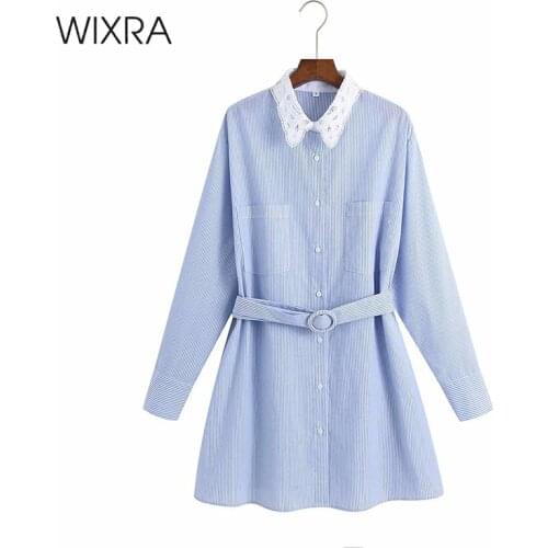 Wixra Blue Striped Dresses Sashes Buttons Sweet Patchwork Collar A Line Womens Full Sleeve Ladies High Street 2021 Summer Hot