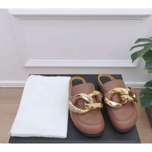 Womens Shoes Chain Loafer Mules Brown Genuine Leather Gold Chain Real Photos