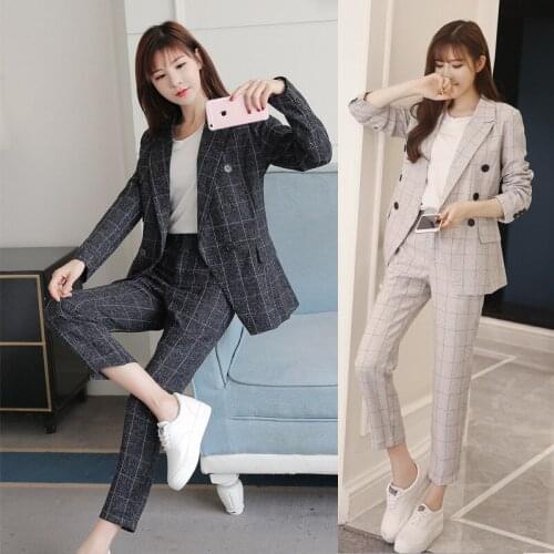 Spring and Autumn Womens temperament fashion double-breasted Slim waist plaid suit collar suit jacket straight pants Two-piece