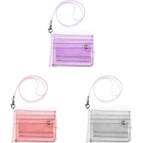 Women Clear Wallet Lanyard Cute Glitter Bifold Purse Card Holder Pouch