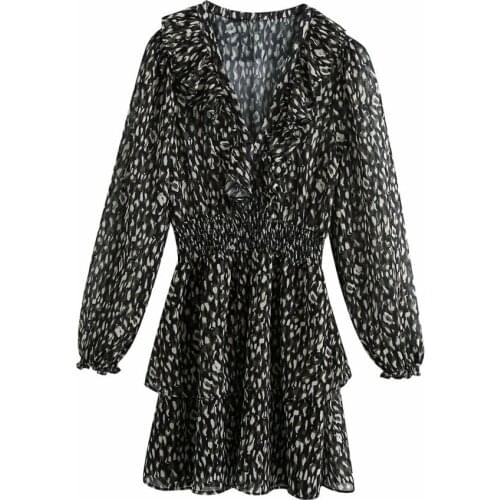 New Pop Women Dress Animal Printed V-neck Long Sleeves Smocked Elastic Waist Ruffle trims Mini Dress vestidos femme robe