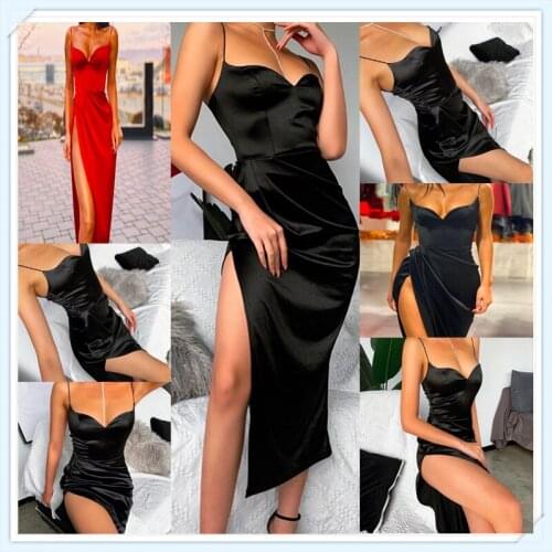 2020 Sexy Silk Dress Women Sexy V-Neck Sleeveless Hight Split Hem Knee-Length Strap Dress Slim Summer Party Dresses Women