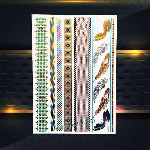 1PC New Glitter Flash Temporary Gold Tattoo Green Bracelet Metallic Feather Design Body Arm Art Waterproof Tattoo Sticker PYH050