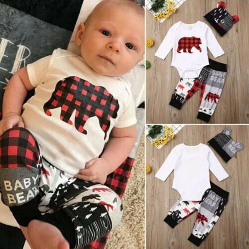 2020 Newborn Baby Boy Girl Bear Print Romper Bodysuit Pants Hat Christmas Outfits Set Baby Clothing