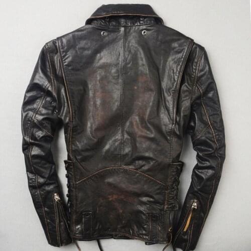 2020 Vintage Brown Mens Biker Leather Diagonal Zipper Plus Size 6XL Genuine Cowhide Slim Fit American Motorcycle Jacket
