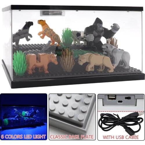 3 Steps LED Light USB Cable Acrylic Dust-proof Board Action Figures Display Box Case Building Blocks Toys For Children