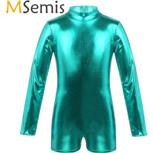 Girls Ballet Leotard Long Sleeves Mock Neck Shiny Metallic gymnastics leotard Back Zipper Ballet Dance Costume Jumpsuit Unitard