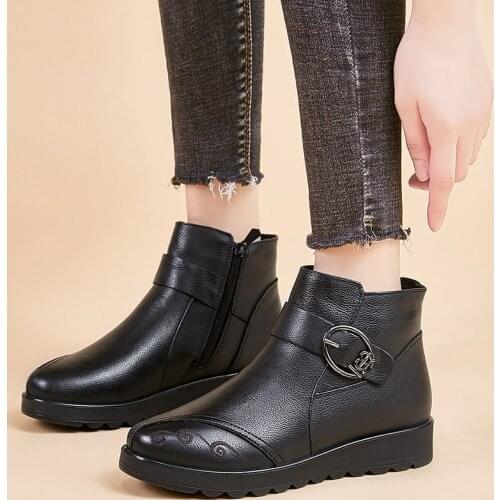 ZZPOHE 2019 Winter Fashion Women Ankle Boots Female Genuine Leather Flats Boots Woman Casual Warm Snow Boots Shoes Plus Size