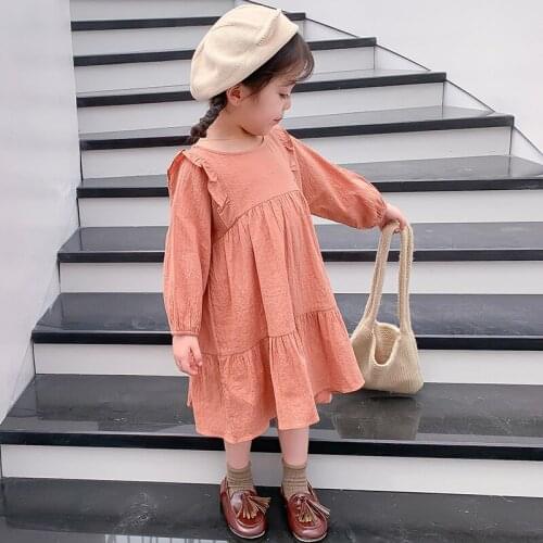 DFXD 2-7Y Toddler Kids Baby Girl Spring Autumn Dress Ruffles Long Sleeve Solid Cotton Linen Party Casual Dress Kids Clothes New