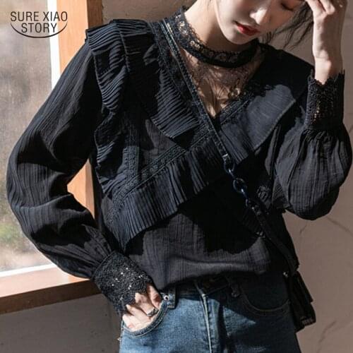 Elegant Mesh Stitching Ruffle Blouse with Lace Spring Gentle Stand Collar Women Shirt Long Sleeve Hollow Flower Top Blusas 16801