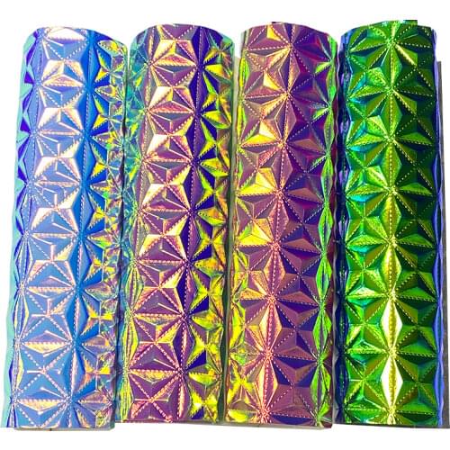 135x30cm 3D Geometric Pattern Embossed Holographic Metallic Dichroic PU Faux Leather Fabric Sheet for Bag/Handbag/Craft