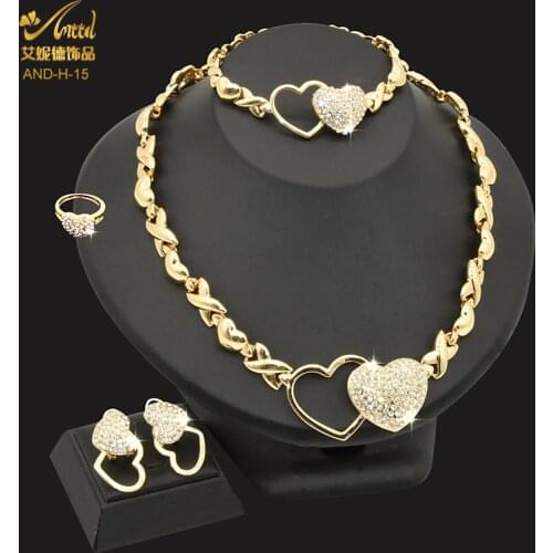 Dubai Gold Jewelry Sets For Women Pakistani Wedding Bridal XOXO Heart Crystal Fashion Necklace Nigerian Bracelet Earring Ring