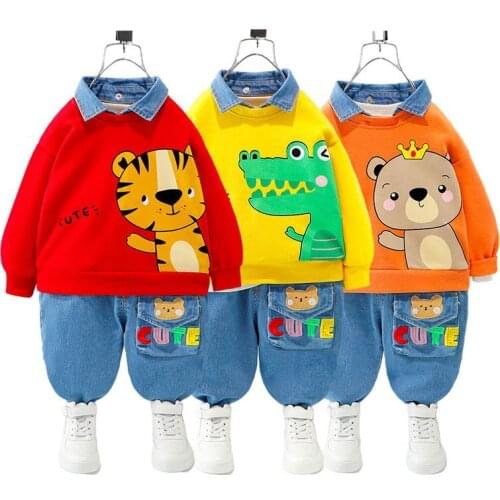 Baby Boys Clothes Set Newborn Infant Autumn Suit Cartoon Bear Sweatshirt Tops Jeans 2Pcs Outfits for Toddler Kids Sport Clothing
