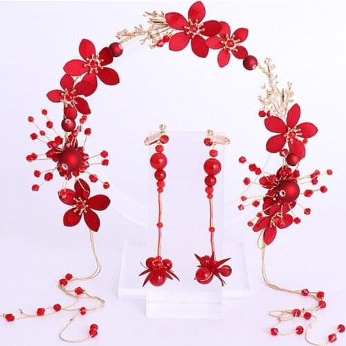 Mingli Tengda Hair Band Red Tassels Hair Band Earrings Suit Wedding Women Accessories Loss Hair Band Group Crown Trendy Headband