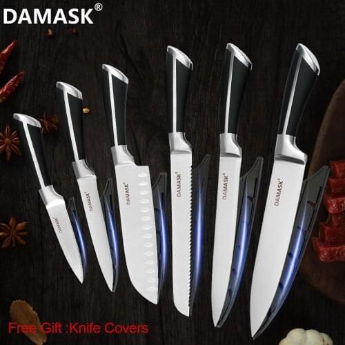 6 Pcs Cooking Knife Set Kitchen Knife High Carbon Stainless Steel Meat Cleaver Paring Utility Santoku Slicing Knives with Cover