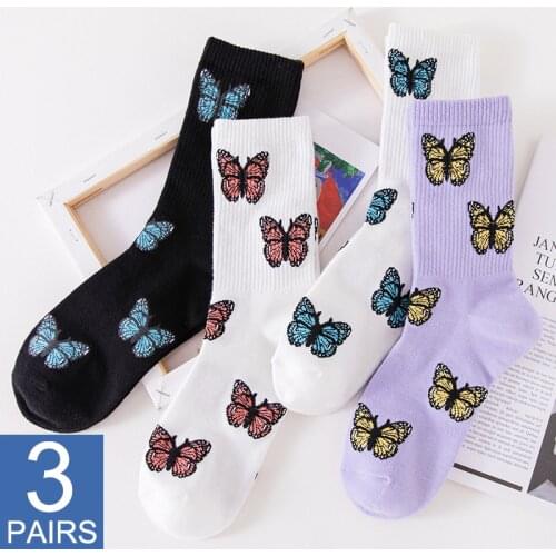 3Pair Fashion Butterfly Cotton Women Street Socks Harajuku Skateboard Tube Socks Korea Hip Hop Autumn Thick Indoor Floor Sock