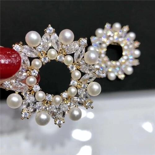 NEW Luxuriant Austria Zircon Inlay Platinums Plated AAAA 4-6 FW White Pearl Brooch Scarf Clips Breastpin
