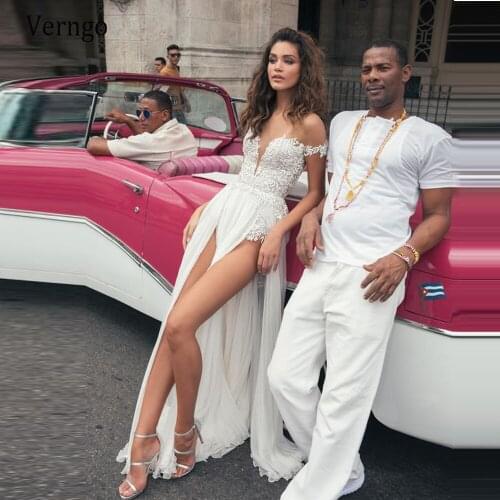 Verngo Sexy Off Shoulder Beach Wedding Dress Lace High Side Slit Bride Gowns Chiffon Backless Floor Length Bridal Gowns