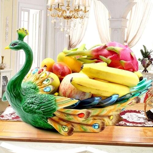 Luxury Wedding Gift Resin Peacock Glass Fruit Plate Crafts Ornament Decoration Home Furnishing Livingroom Desktop Figurine Decor