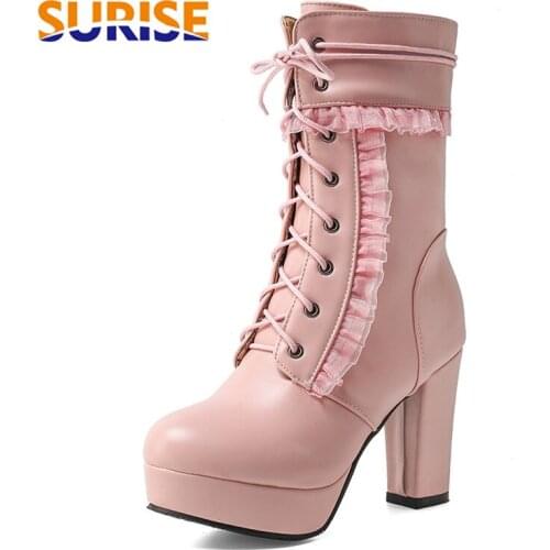 Winter Women Mid-calf Platform Boots 10cm High Chunky Heels Black Pink Casual Party Lady Lolita Lace Round Toe Zipper Half Boots