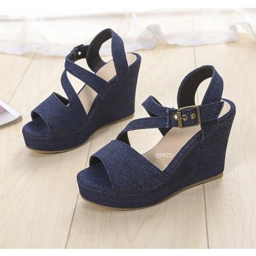 2021 Summer Thick Bottom High Heel Womens Shoes Cowboy Blue Roman Wedges Heel Platform Womens Sandals Beach Shoes