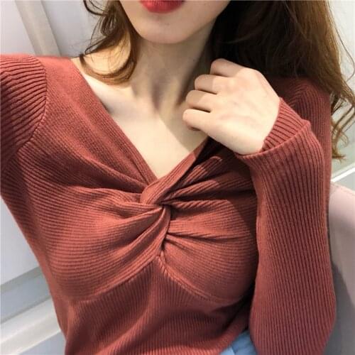 Womens V-neck Knitted Full Sleeve Criss-Cross Sweaters Pullovers Girls Knit Soft Jumpers Tops for Female 2019 Autumn FL623
