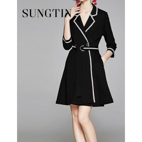 Sungtin New A Line Blazer Collar Dress Women High Quality Black Dresses Party Office Lady Belt Slim Mini Dress England Style 2XL