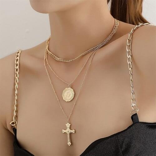 Vintage Cross Pendant Necklace Multi-layer Chain Choker Necklaces For Women Girls Clavicle Chains Jewelry Party Gifts Female