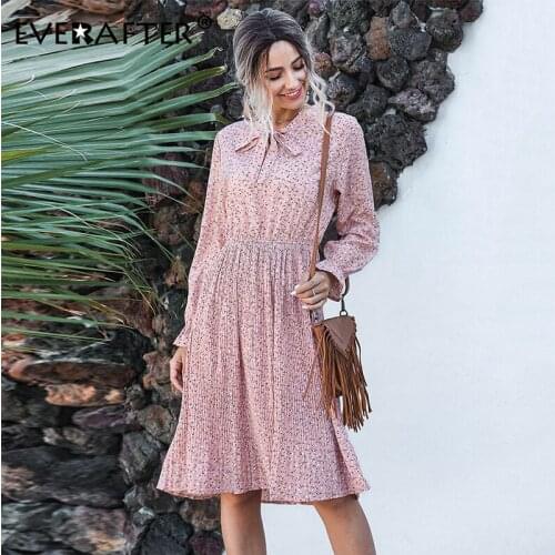 EVERAFTER Bohimian style women spring summer midi dress women high waist floral print female ruffle bow elegant holiday dress