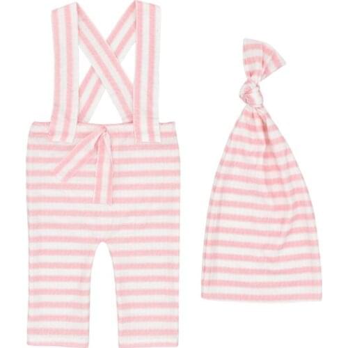 2 Pcs Baby Stripe Romper Long Tail Knotted Hat Set Newborn Photography Props Strap Pants Cap Outfits Infants Photo Shooting 69HE