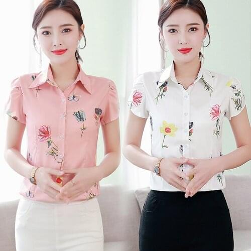 2021 Summer New Floral Women Shirts V-neck Turn-down Collar Short-sleeved Slim Office Lady Elegant Shirts Outwear Coat Tops