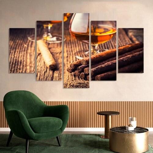 Vintage Cuban Cigar Rum Relaxing 5 PCS Canvas Paintings HD Posters Wall Art Print Picture for Living Room Interior Home Decor