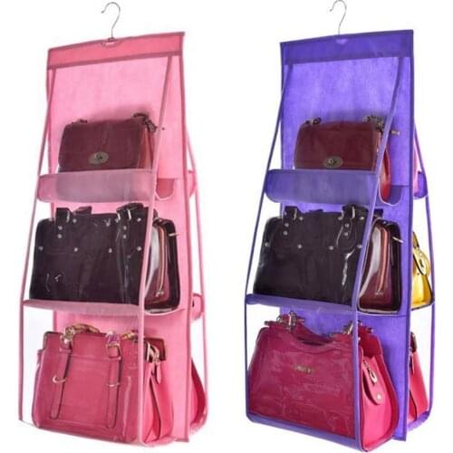 6 Pocket Hanging Handbag Organizer for Wardrobe Closet Transparent Storage Bag Door Wall Clear Sundry Shoe Bag with Hanger Pouch
