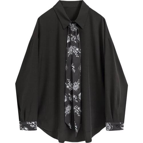 Black Women Shirts Street Wear Oversized Vintage Printed Tie Long-Sleeved Loose Cool Female Outwear Tops
