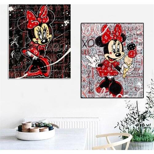 Disney Minnie Mickey Mouse Eating Ice Cream Poster And Print Street Graffiti Art Cartoon Canvas Painting Living Room Home Decor