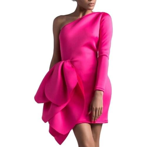 Elegant Dress Women for Wedding Party Midi 2021 One Shoulder Pink Ruffles Bodycon Mini Length Evening Night Dinner Vestidos Hot