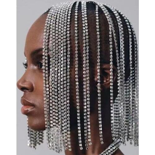 Ins Luxury Crystal Bob Hairpiece Short Tassel Headband Bridal Hair Jewelry for Women Shiny Crystal Hair Hoop Hairbands Headwear