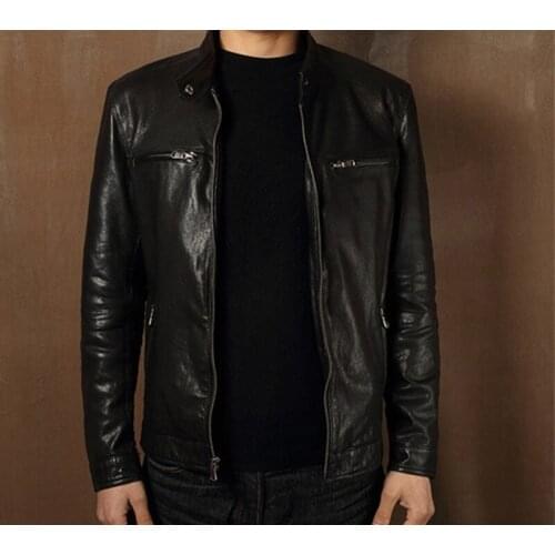 Men Oblique Motorcycle Genuine Leather Jackets Homens Jaqueta De Couro Mens Sheepskin Coat Slim Red Jacket WXF051