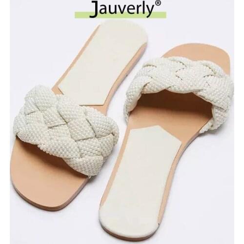 Fashion Flat With Slippers CWhite Faux Pearl Braided Sandals New Women Casual Slippers 2021 Summer