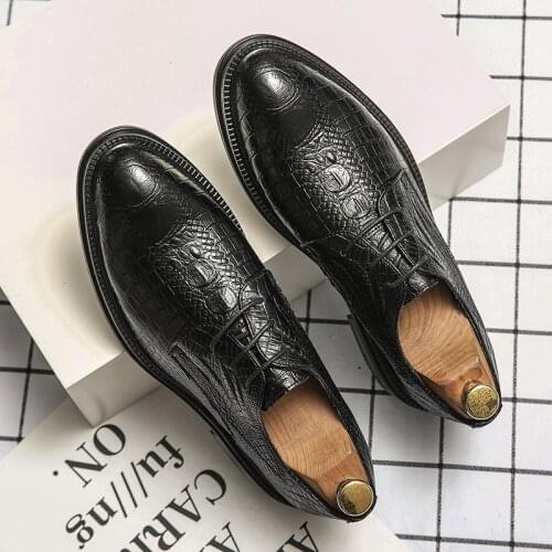 Movechain Fashion Mens Crocodile Grain Leather Lace-Up Dress Shoes Man Business Oxfords Mens Casual Wedding Driving Flats