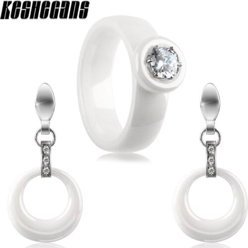 Fashion Ceramic Set White Smooth Texture Round Shaped Crystal Rings And Hollow Circle Drop Earrings For Women Wedding Jewelry