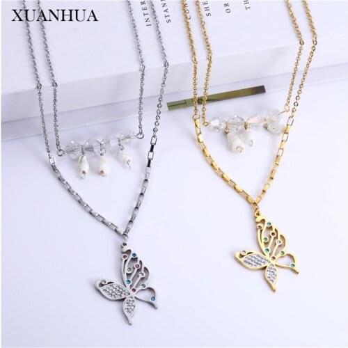 XUANHUA Conch Butterfly Multi Layer Necklace Earrings Set Stainless Steel Jewelry Sets Fashion Jewelry Accessories Charms