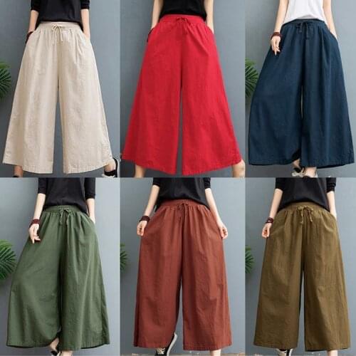 2021 New Loose Cotton And Linen Wide-Leg Pants WomenS Summer Thin Eight-Point Casual Pants Loose Culottes Cool Leggings