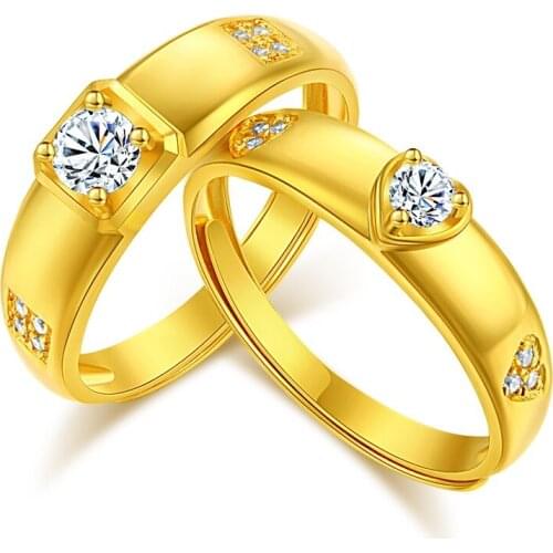Cubic Zircon Couples Wedding Rings Gold Color Resizeable Finger Jewelry for Women Men Never Fade