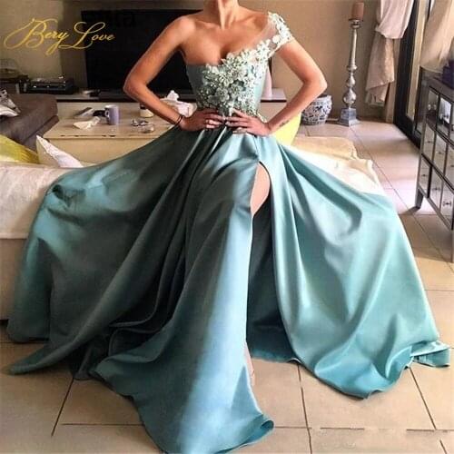 Berylove one Shoulder Prom Dress Appliques Flowers Evening Dresses High Slit Gradient Party Dress A Line Sexy vestidos de noche