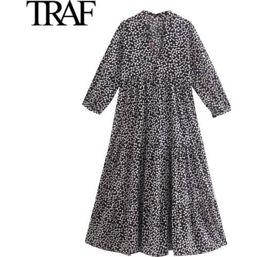 Traf Za Women Clothes Fashion Loose Print Bow Midi Dress Spring Autumn Big Shirt Dress Female Robe Vestidos Mujer