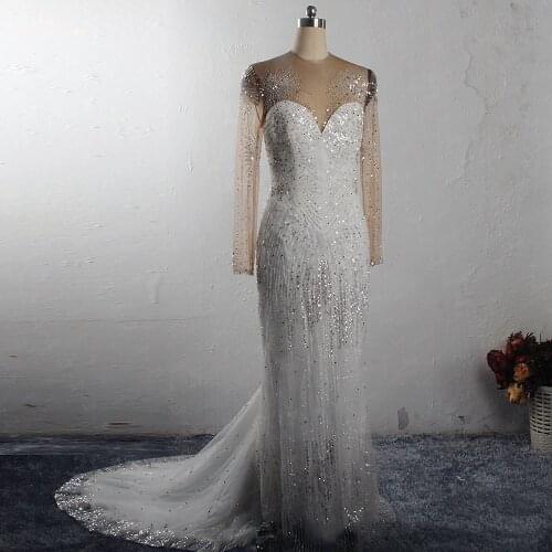RSW1525 Luxury Bridal Dress Long Sleeves Illusion Back Glitters Beaded Mermaid Wedding Dresses