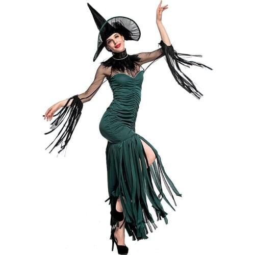 Gothic Green Tight Women Halloween Witch Costume Female Sorceress Cosplay Carnival Purim Stage Role Play Showing Bar Party Dress